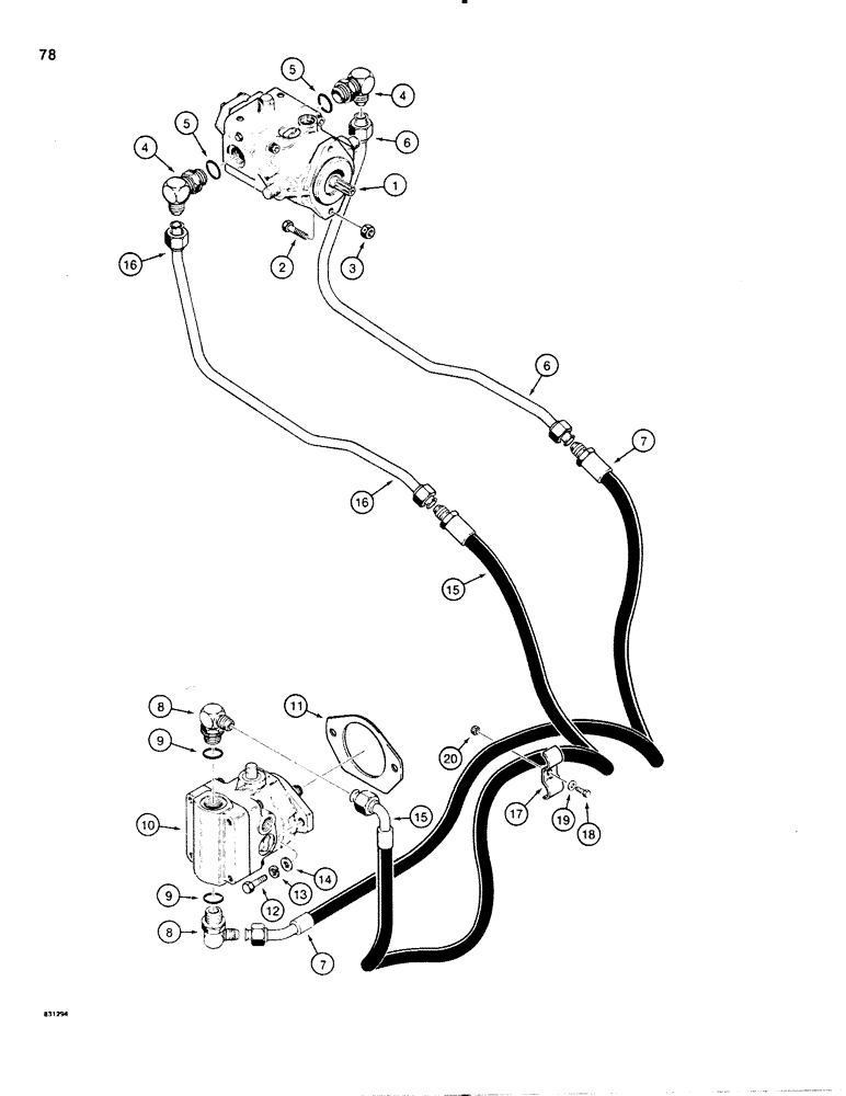 Схема запчастей Case P60 - (078) - HYDROSTATIC PROPULSION PUMP TO MOTOR PRESSSURE CIRCUIT, USED ON 30+4 S/N 5210 TO S/N 1139802 (29) - HYDROSTATIC DRIVE