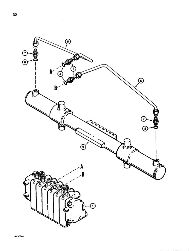 Схема запчастей Case D130 - (8-032) - BACKHOE SWING CYLINDER HYDRAULIC CIRCUIT, USED ON 1835C AND 1845C UNI-LOADER W/ CESSNA VALVE 