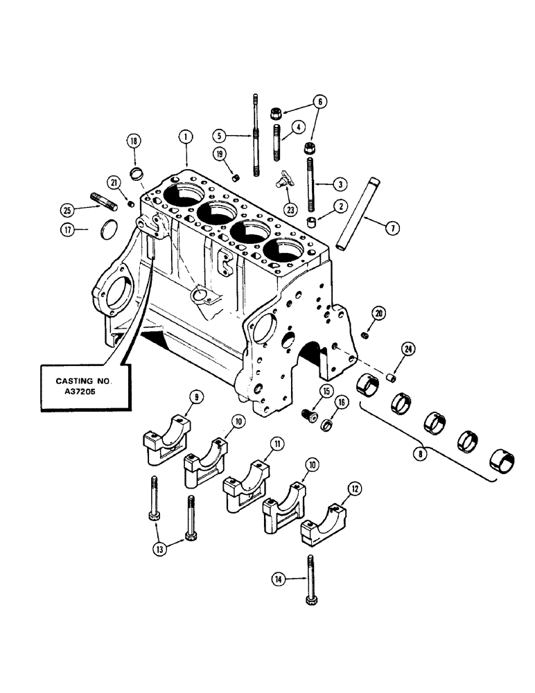 Схема запчастей Case 580 - (009C) - CYL. BLOCK ASSY., (188) DIESEL ENG., USED ENG. SER. NO. 2639536 USED W/STAMPED PAN W/O TACH. DRIVE (10) - ENGINE