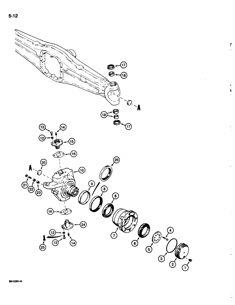 Схема запчастей Case 680L - (5-12) - TWO WHEEL DRIVE FRONT AXLE, HUB AND SWIVEL HOUSING (05) - STEERING