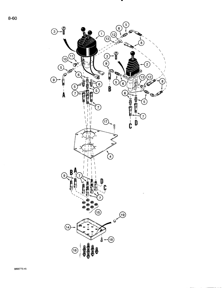 Схема запчастей Case 821 - (8-060) - REMOTE LOADER CONTROL CIRCUIT, THREE LEVERS WITH THREE SPOOL VALVE (08) - HYDRAULICS