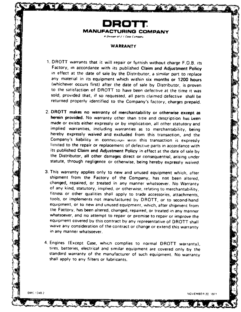 Схема запчастей Case 40EC - (A4) - DROTT MANUFACTURING COMPANY WARRANTY (00) - GENERAL