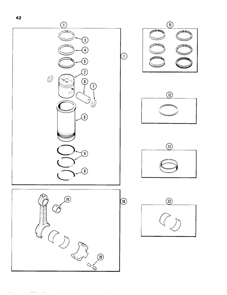 Схема запчастей Case 680H - (042) - PISTONS, 336BD DIESEL ENGINE, CONNECTING RODS (02) - ENGINE