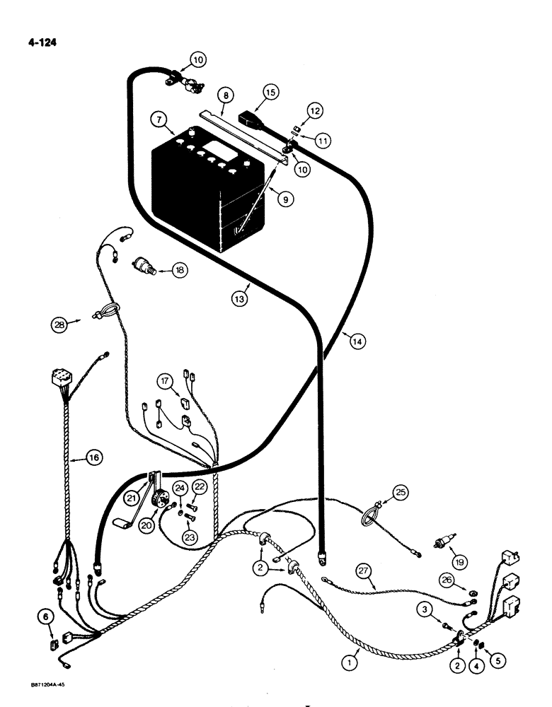 Схема запчастей Case 1825 - (4-124) - REAR HARNESS AND BATTERY, GASOLINE MODELS (04) - ELECTRICAL SYSTEMS