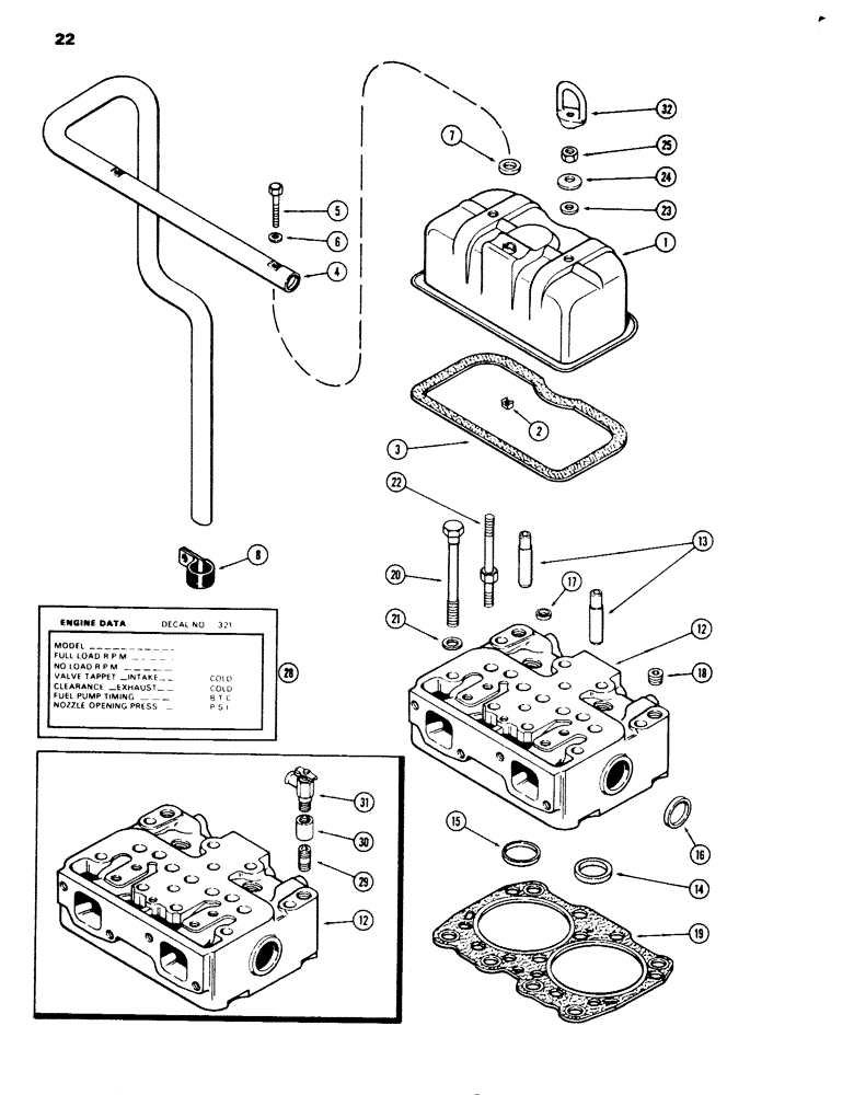 Схема запчастей Case 680G - (022) - CYLINDER HEAD AND COVER, 336BD DIESEL ENGINE (02) - ENGINE