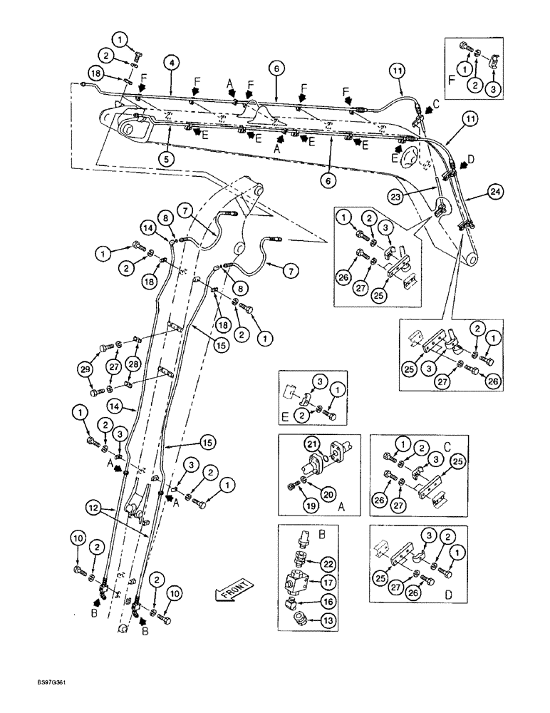 Схема запчастей Case 9040B - (8-104) - AUXILIARY EQUIPMENT OPTION, SUPPLY AND CYLINDER LINES, FOR LONG REACH 7.9 METER ARM (08) - HYDRAULICS