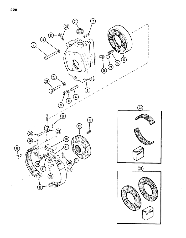 Схема запчастей Case 585D - (228) - TRANSAXLE DIFFERENTIAL BRAKE HOUSING AND BRAKE, PRIOR TO TRANSMISSION SERIAL NO. 16249203 (33) - BRAKES & CONTROLS
