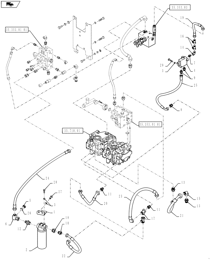 Схема запчастей Case DV207 - (35.353.01[02]) - TRAVEL HYDRAULIC CIRCUIT (35) - HYDRAULIC SYSTEMS