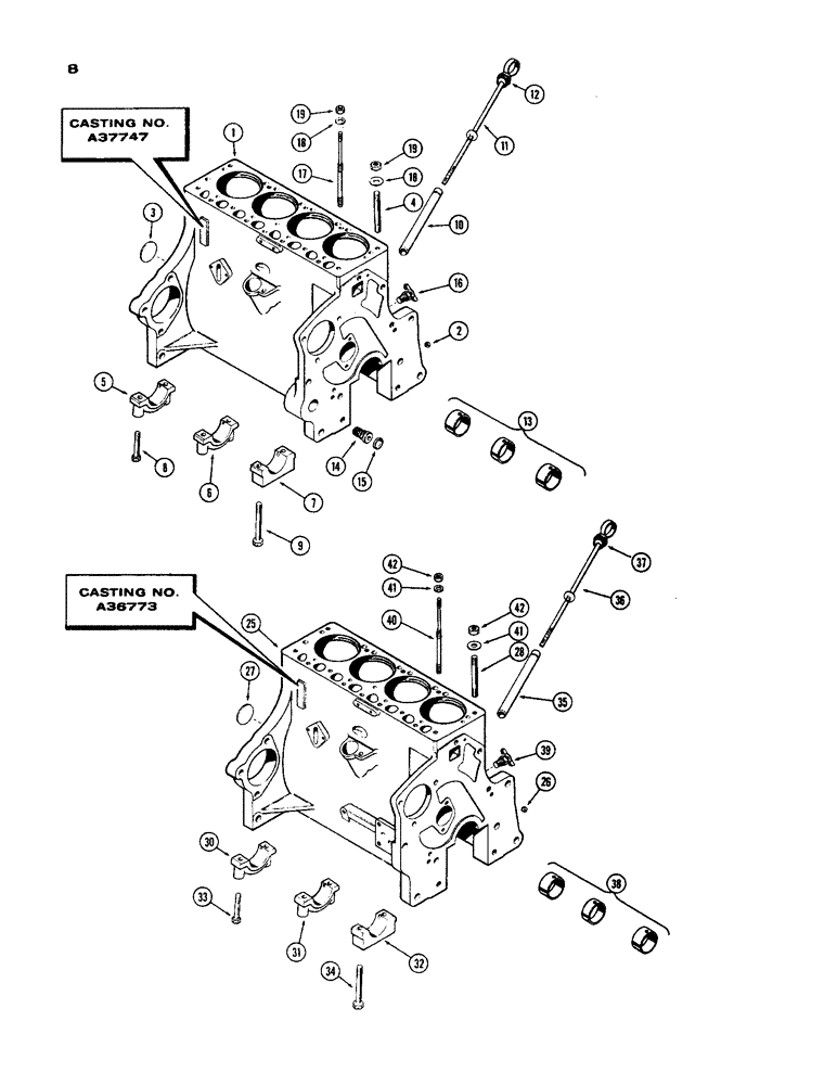Схема запчастей Case 450 - (008) - CYLINDER BLOCK ASSEMBLY, (188) SPARK IGNITION ENGINE, FOR FLANG MTD. OIL FILTER (01) - ENGINE