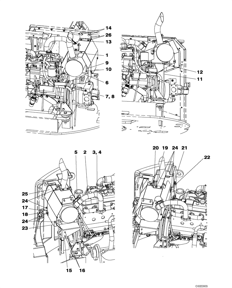Схема запчастей Case CX75SR - (02-04) - EXHAUST SYSTEM - MUFFLER (02) - ENGINE