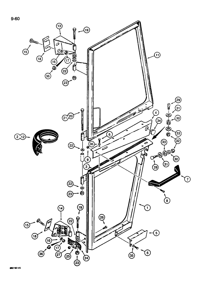 Схема запчастей Case W14B - (9-60) - CAB DOOR AND WINDOW MOUNTING, (INSIDE OF LEFT-HAND DOOR AND WINDOW SHOWN) (09) - CHASSIS/ATTACHMENTS