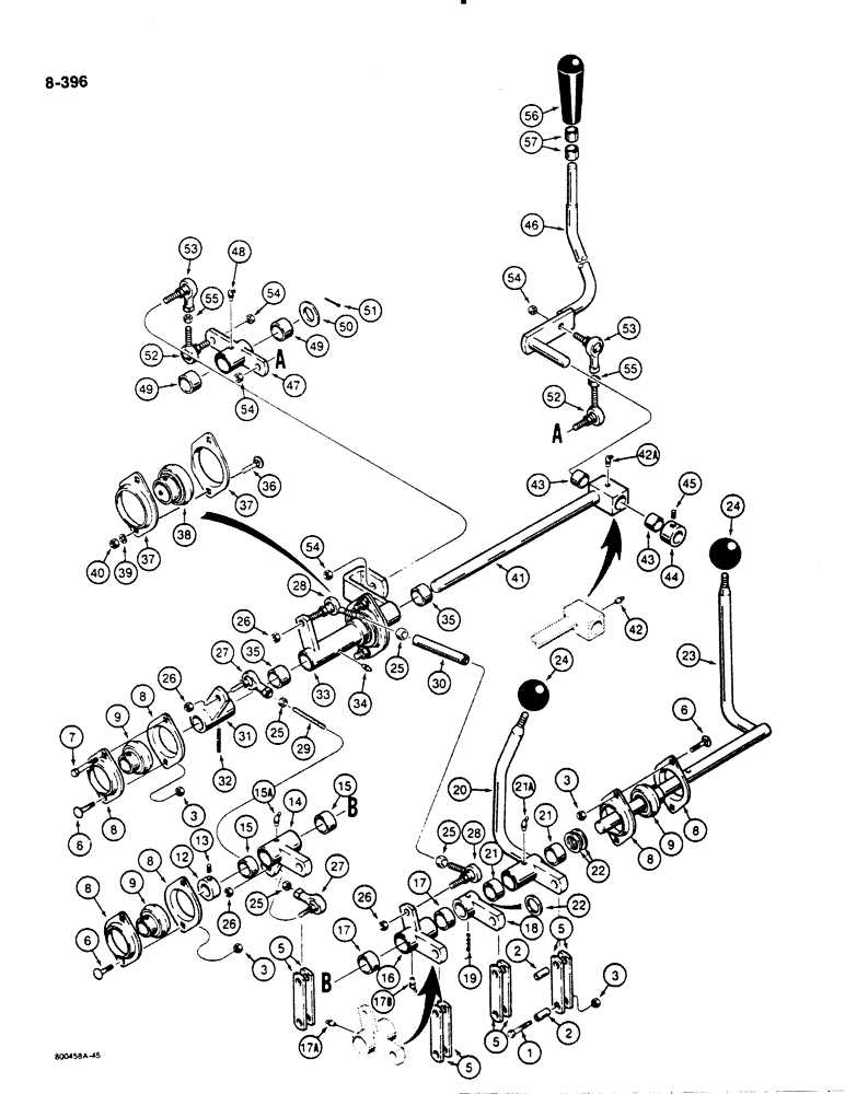 Схема запчастей Case 1450B - (8-396) - EQUIPMENT CONTROL VALVE AND LEVERS, THREE LEVERS - FOUR SPOOL VALVE (08) - HYDRAULICS