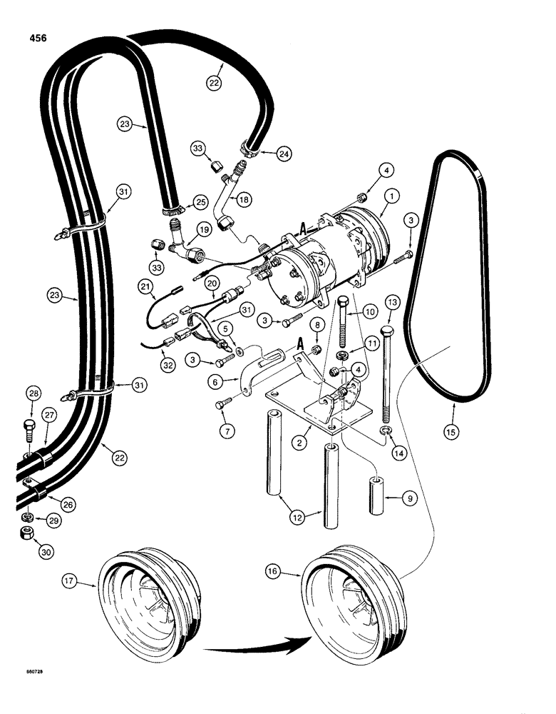 Схема запчастей Case 1155D - (456) - AIR CONDITIONING SYSTEM, COMPRESSOR AND CONNECTIONS, MODELS W/COMPRESSOR PORTS ON L.H. SIDE (09) - CHASSIS/ATTACHMENTS