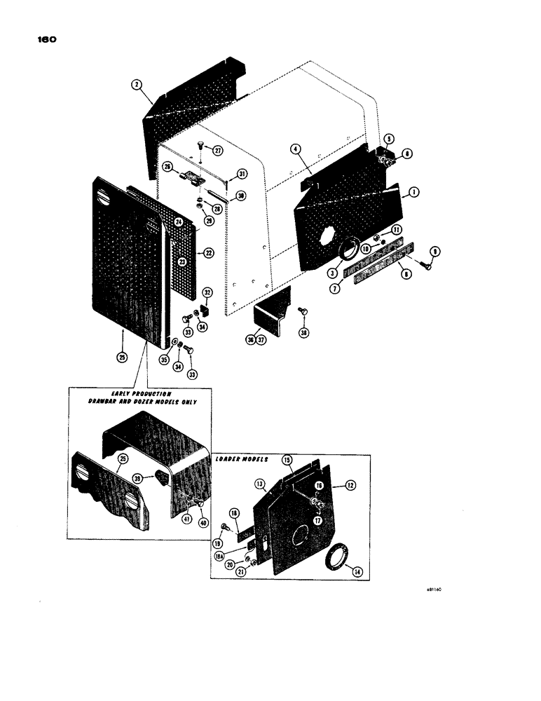 Схема запчастей Case 450 - (160) - SIDE SHIELDS AND BRUSH GUARDS, SIDE SHIELD (USED ON DRAWBAR & DOZER MODELS ONLY) (05) - UPPERSTRUCTURE CHASSIS