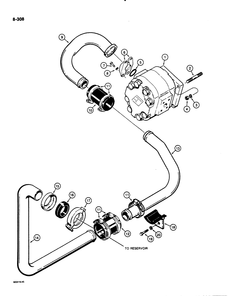 Схема запчастей Case 1450B - (8-308) - EQMNT HYD. CIRT, RESERVOIR TO PUMP, LODR PR. TO P.I.N. 8381917, DZER AND DRWBR PR. TO TRCTR 8381778 (08) - HYDRAULICS
