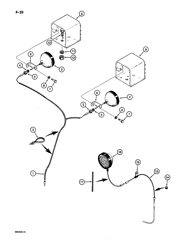 Схема запчастей Case 650 - (4-20) - INCANDESCENT LAMPS AND WIRING, MODELS WITHOUT ROPS CANOPY (04) - ELECTRICAL SYSTEMS