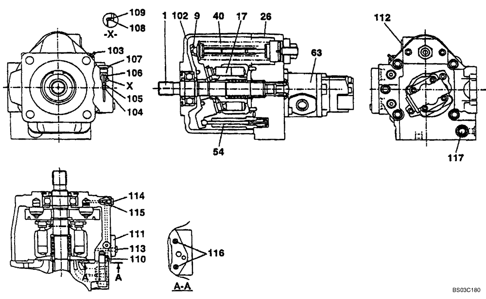 Схема запчастей Case CX75SR - (08-54) - PUMP ASSY, HYDRAULIC - PISTON (08) - HYDRAULICS