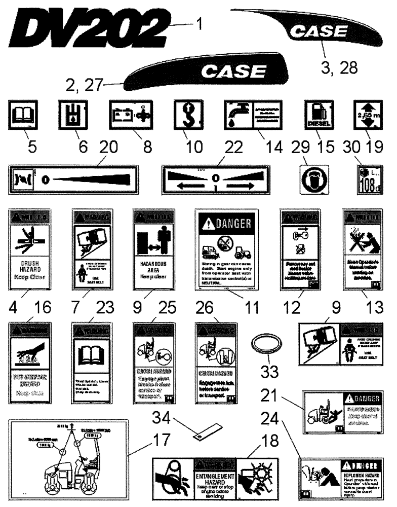 Схема запчастей Case DV202 - (12-510/2[01]) - DECALS(GROUP 510/2) (09) - CHASSIS/ATTACHMENTS