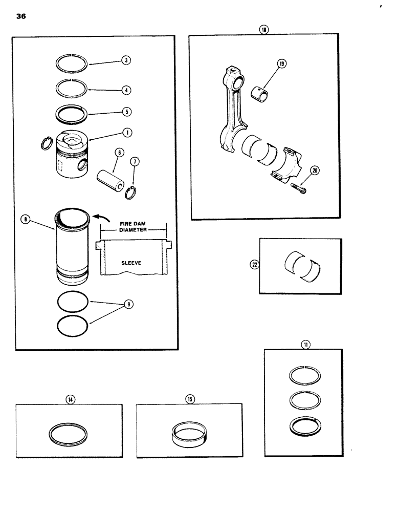 Схема запчастей Case 680G - (036) - PISTONS AND SLEEVES, WITH 5.092" TO 5.097" FIRE DAM DIAMETER SLEEVE, 336BD DIESEL ENGINE (02) - ENGINE