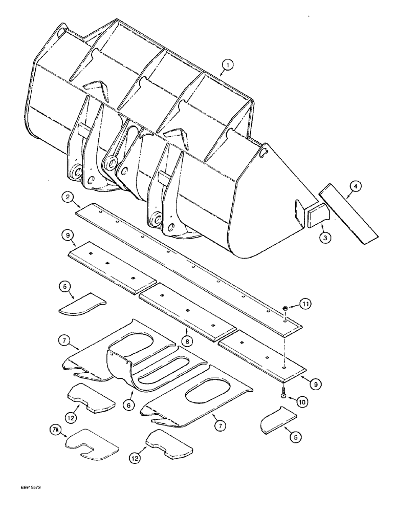 Схема запчастей Case 821B - (9-010) - LOADER BUCKET AND CUTTING EDGES, 4.0 CUBIC YARD (3.4 CUBIC METRE) BUCKET, BOLT ON CUTTING EDGE (09) - CHASSIS/ATTACHMENTS