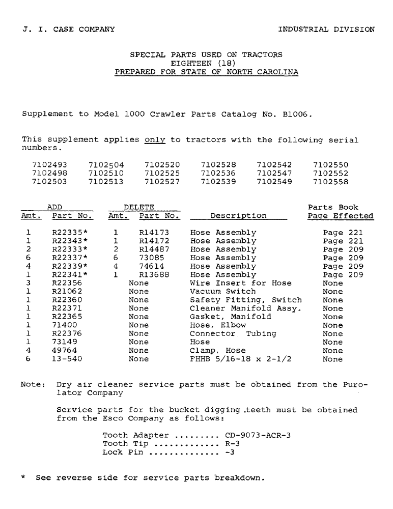 Схема запчастей Case 1000C - (001) - SPECIAL PARTS USED ON TRACTORS, EIGHTEEN (18), PREPARED FOR STATE OF NORTH CAROLINA (00) - GENERAL
