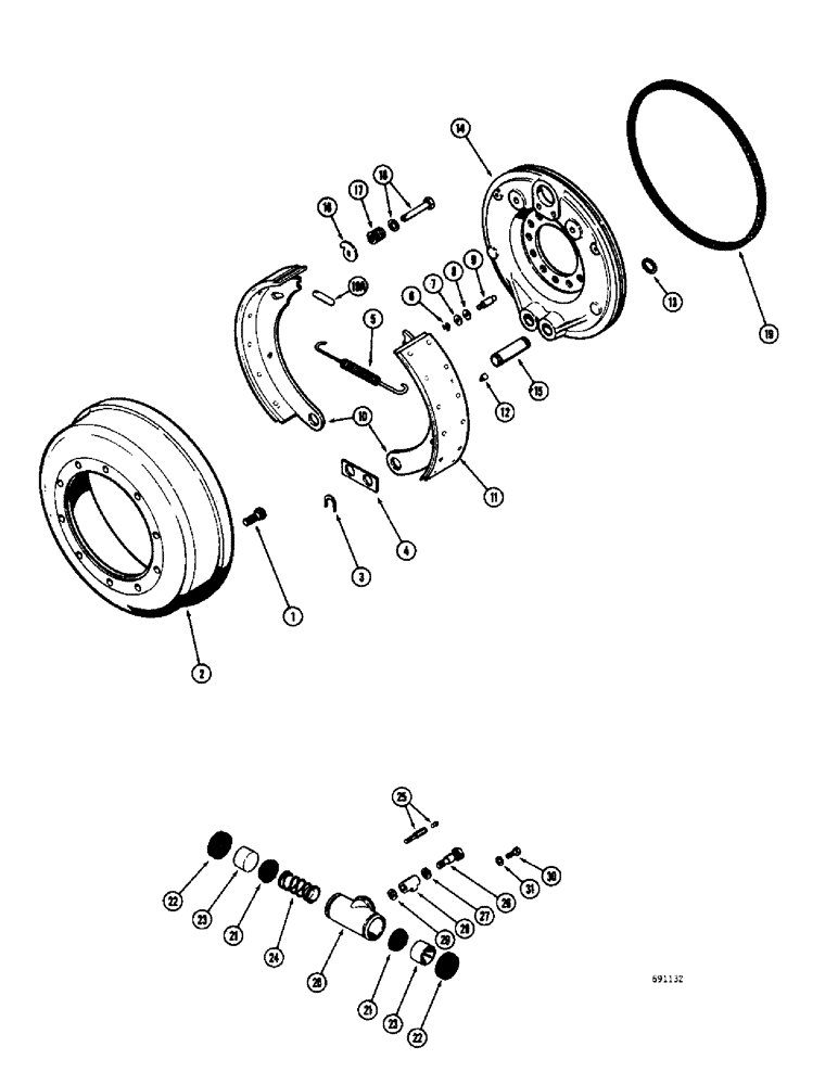 Схема запчастей Case W10C - (176) - L15393 FRONT RIGID AXLE, FRONT BRAKE DRUM AND LININGS (06) - POWER TRAIN