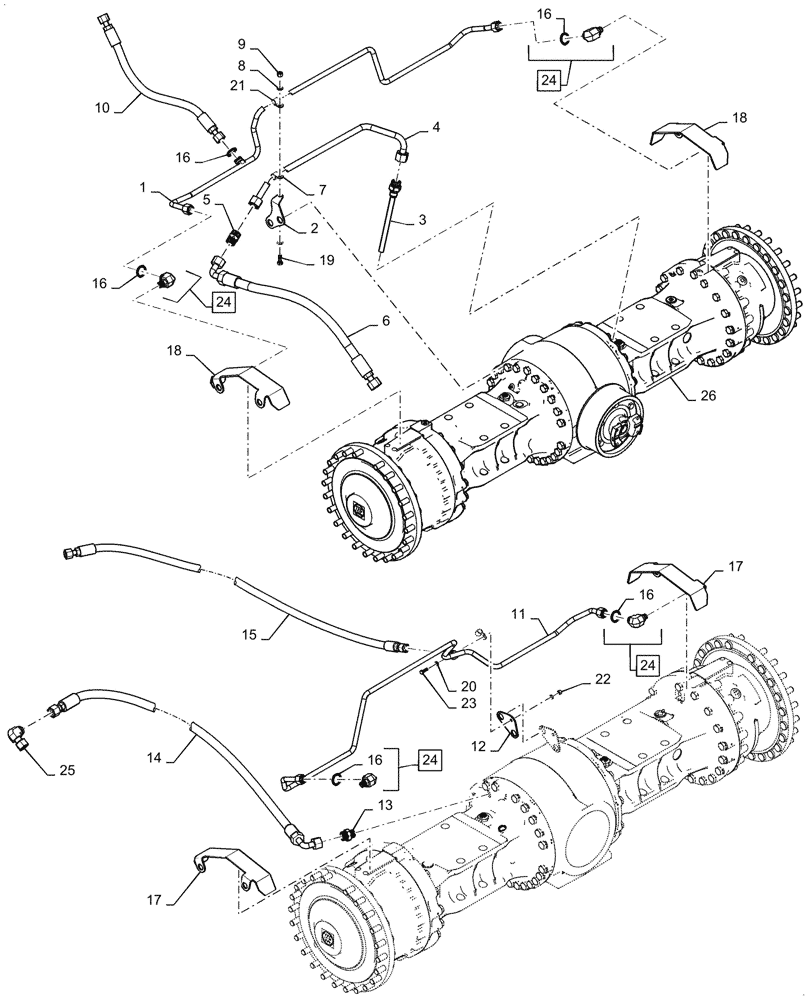 Схема запчастей Case 1021F - (44.100.03[05]) - AXLE COOLER LINE INSTALLATION, HD, LOCK AXLES (25) - FRONT AXLE SYSTEM