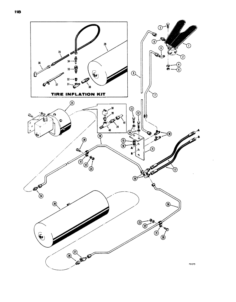 Схема запчастей Case W24 - (118) - BRAKE SYSTEM, TREADLE TO REAR MASTER CYLINDER AND RESERVOIR (07) - BRAKES