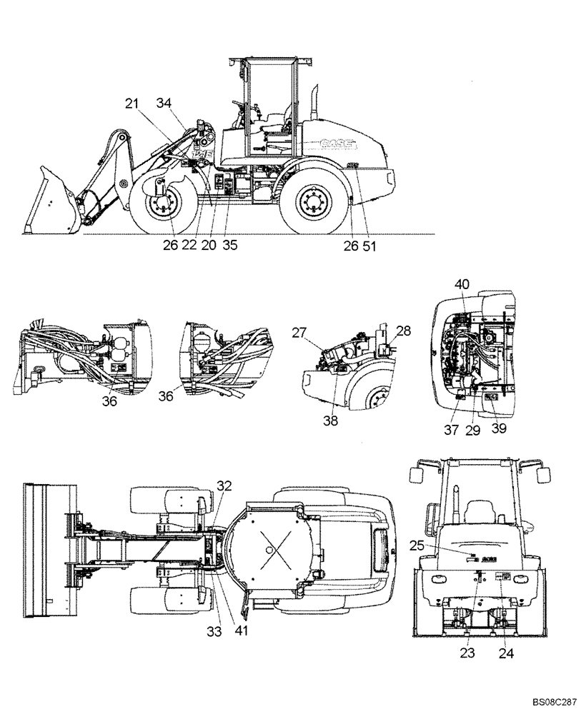 Схема запчастей Case 121E - (91.024[6559890000]) - DECALS CASE HTS CANOPY LOCATION 1 OF 2 (90) - PLATFORM, CAB, BODYWORK AND DECALS