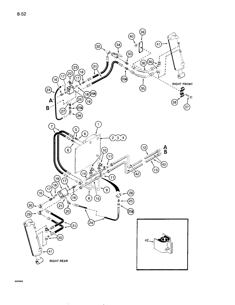 Схема запчастей Case 1085B - (8-052) - OUTRIGGER HYDRAULIC CIRCUIT, FRONT AND REAR - RIGHT SIDE OPTIONAL FOR 1085B - STANDARD FOR1086B (08) - HYDRAULICS