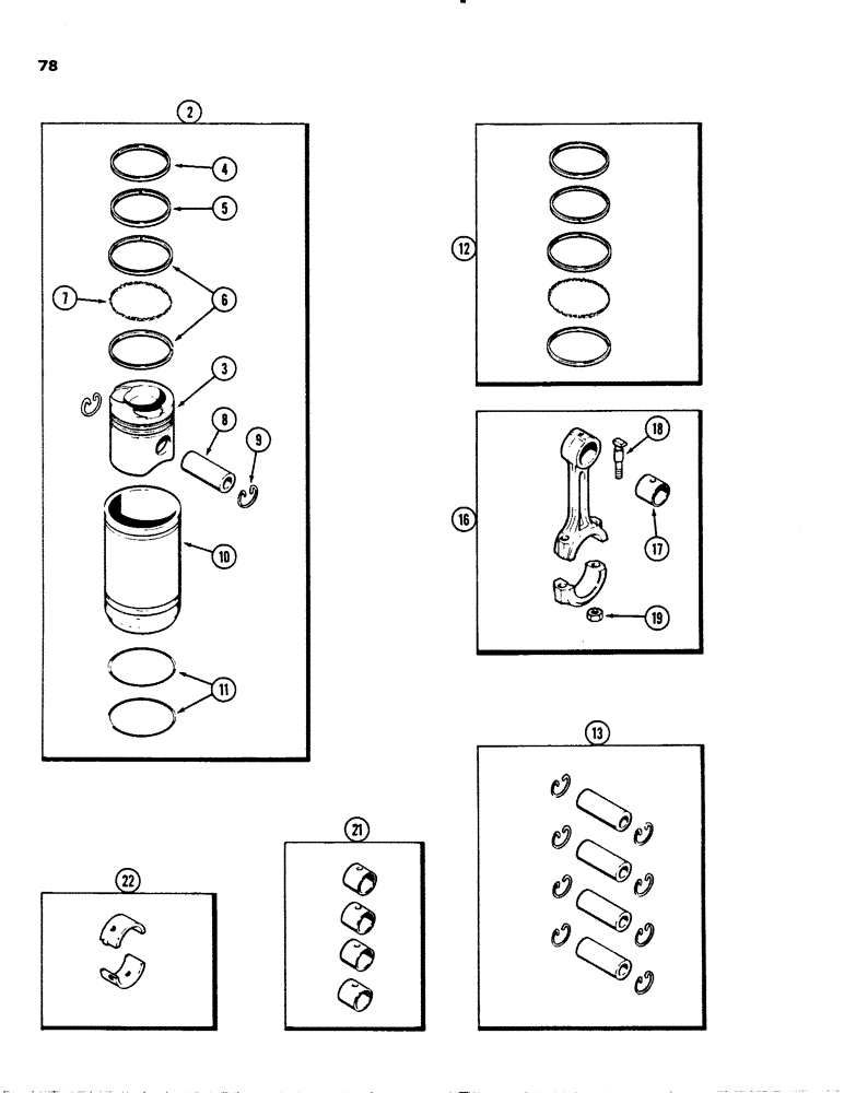 Схема запчастей Case 1845S - (078) - PISTONS, (188) DIESEL ENGINE, PRIOR TO ENGINE SERIAL NO. 2836084, CONNECTING RODS (10) - ENGINE