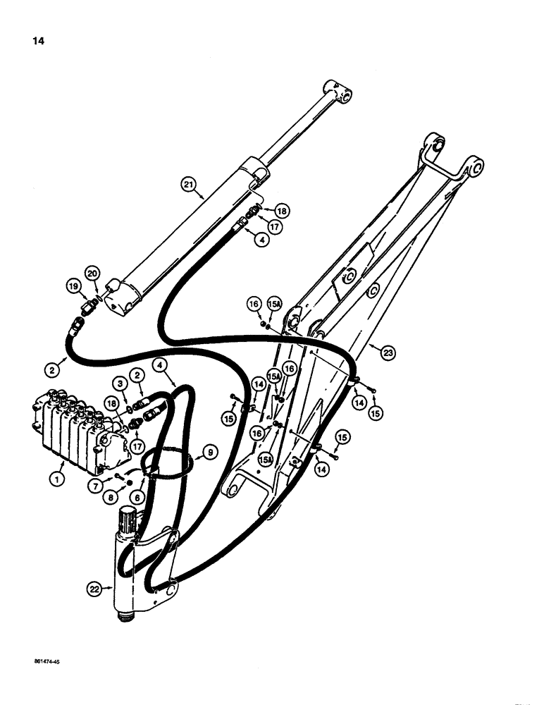 Схема запчастей Case D130 - (8-014) - BACKHOE DIPPER CYLINDER HYDRAULIC CIRCUIT, USED ON 1835C AND 1845C UNI-LOADERS W/ CESSNA VALVE 