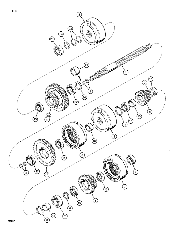 Схема запчастей Case 1155D - (186) - TRANSMISSION LEFT-HAND AND RIGHT-HAND CLUTCH SHAFTS (06) - POWER TRAIN