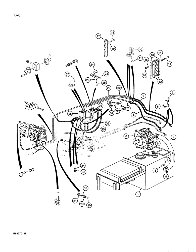 Схема запчастей Case 125B - (8-006) - HYDRAULIC PUMP LINES, P.I.N. 74251 THROUGH 74400 (08) - HYDRAULICS