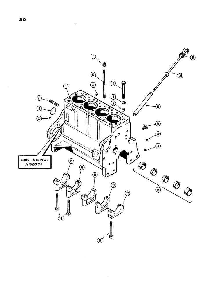 Схема запчастей Case 450 - (030) - CYLINDER BLOCK ASSY., (188) DIESEL ENG., FOR NARROW FLANGED SLEEVES, USED PRIOR TO ENG. S.N. 2610997 (01) - ENGINE