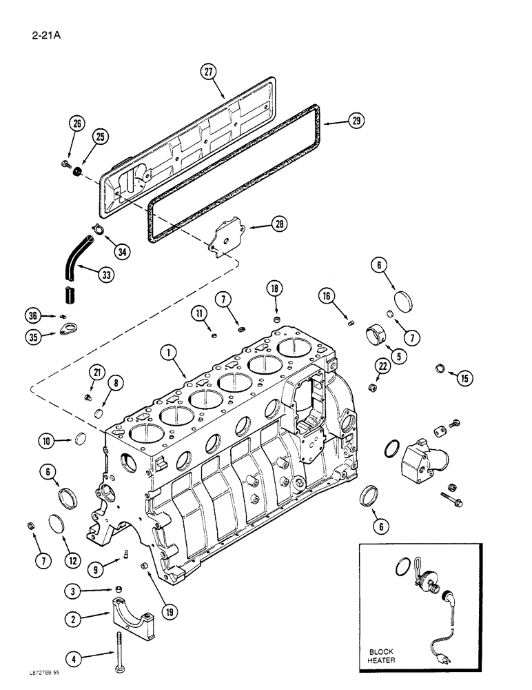 Схема запчастей Case 855D - (2-21[A]) - CYLINDER BLOCK, 6-590 ENGINE (NATURAL ASPIRATED), PRIOR TO ENGINE SERIAL NO. 44511034 (02) - ENGINE