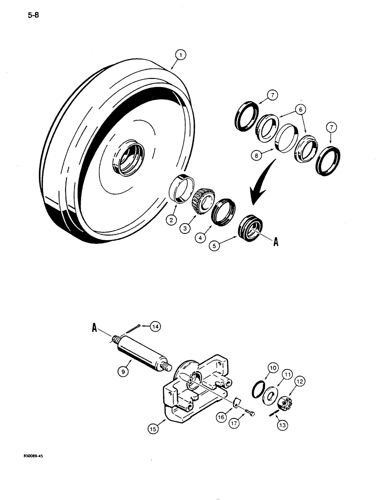 Схема запчастей Case 850D - (5-08) - R45010 IDLER ASSEMBLY (SEE ITEMS 11 & 12 FOR IDENTIFICATION) (11) - TRACKS/STEERING