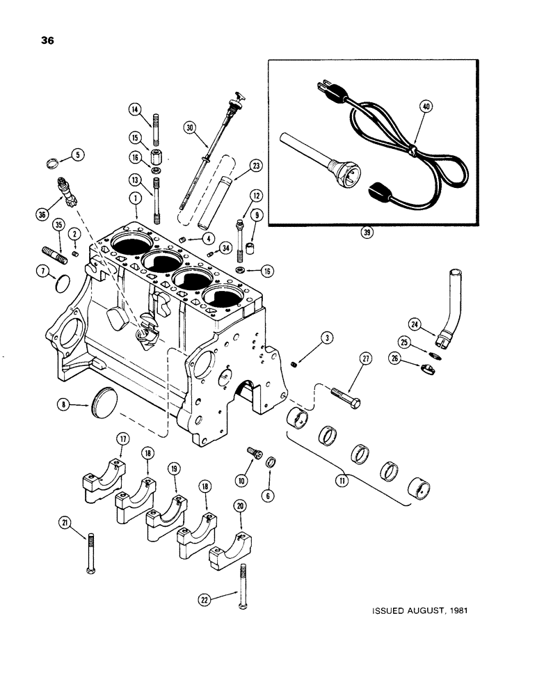 Схема запчастей Case 480C - (036) - CYLINDER BLOCK, 188 DIESEL ENGINE, PRIOR TO ENGINE SERIAL NUMBER 2836084, MECHANICAL SHUTTLE ONLY (10) - ENGINE