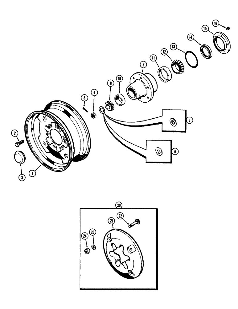 Схема запчастей Case 580 - (121G) - FRONT WHEELS, USED W/1/2"-6 BOLT HUB, USED PRIOR TO TRAC. S/N. 8319561, FRONT WHEEL WEIGHTS (44) - WHEELS