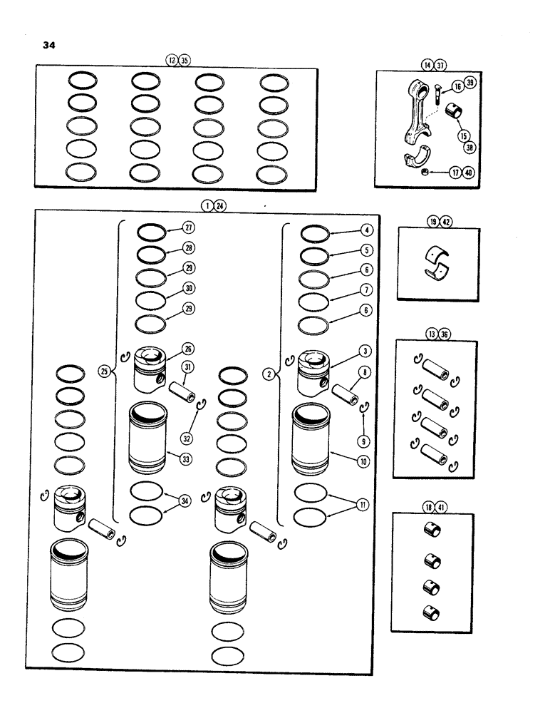 Схема запчастей Case 450 - (034) - PISTON ASSEMBLY AND CONNECTING RODS, (188) DIESEL ENGINE, FOR WIDE FLANGED SLEEVES (01) - ENGINE
