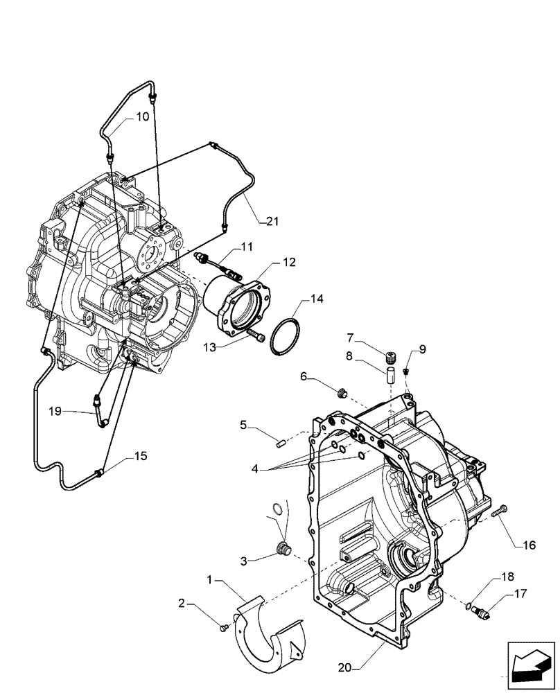 Схема запчастей Case 580SN - (21.113.01[02]) - TRANSMISSION - 4WD POWERSHIFT H TYPE - HOUSING, REAR & THERMOSTAT (21) - TRANSMISSION