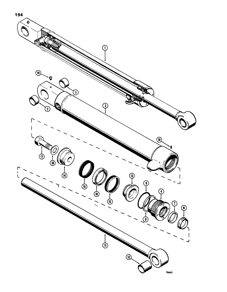 Схема запчастей Case W24 - (194) - D46170 LOADER TILT CYLINDER, 4-1/2" DIA. CYLINDER WITH 29-1/2 STROKE W/STEP TYPE OUTER ROD WIPER (08) - HYDRAULICS