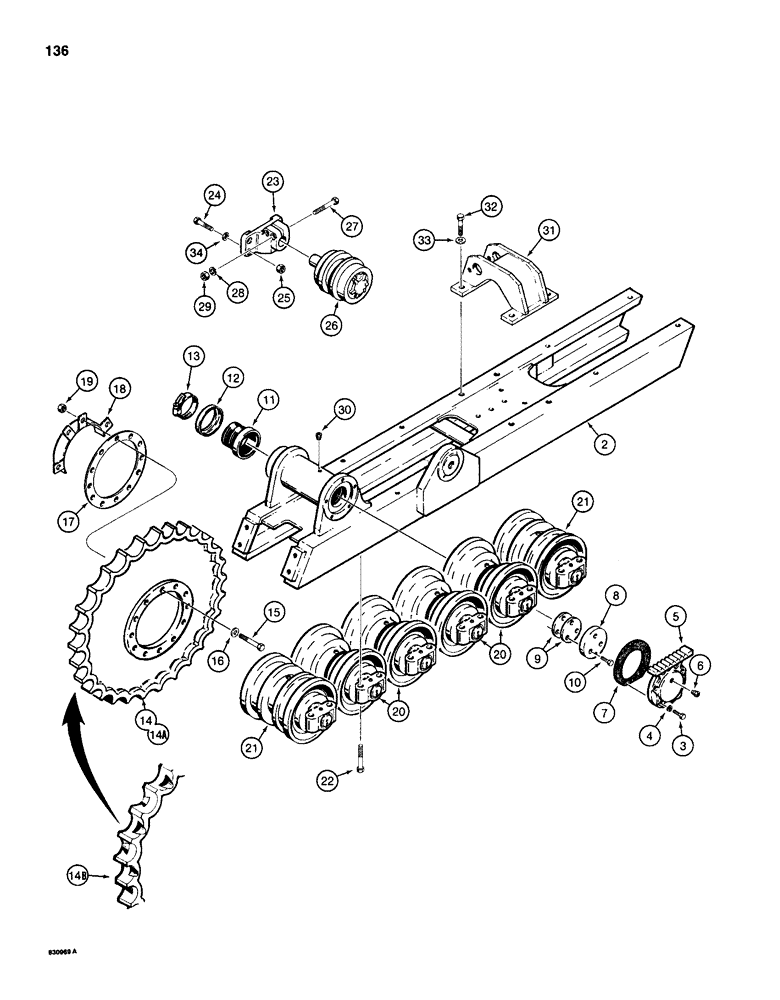 Схема запчастей Case 1155D - (136) - TRACK FRAME, SPROCKET, AND ROLLERS, DRAWBAR MODELS AND 62" GUAGE STANDARD DOZER MODELS (11) - TRACKS/STEERING