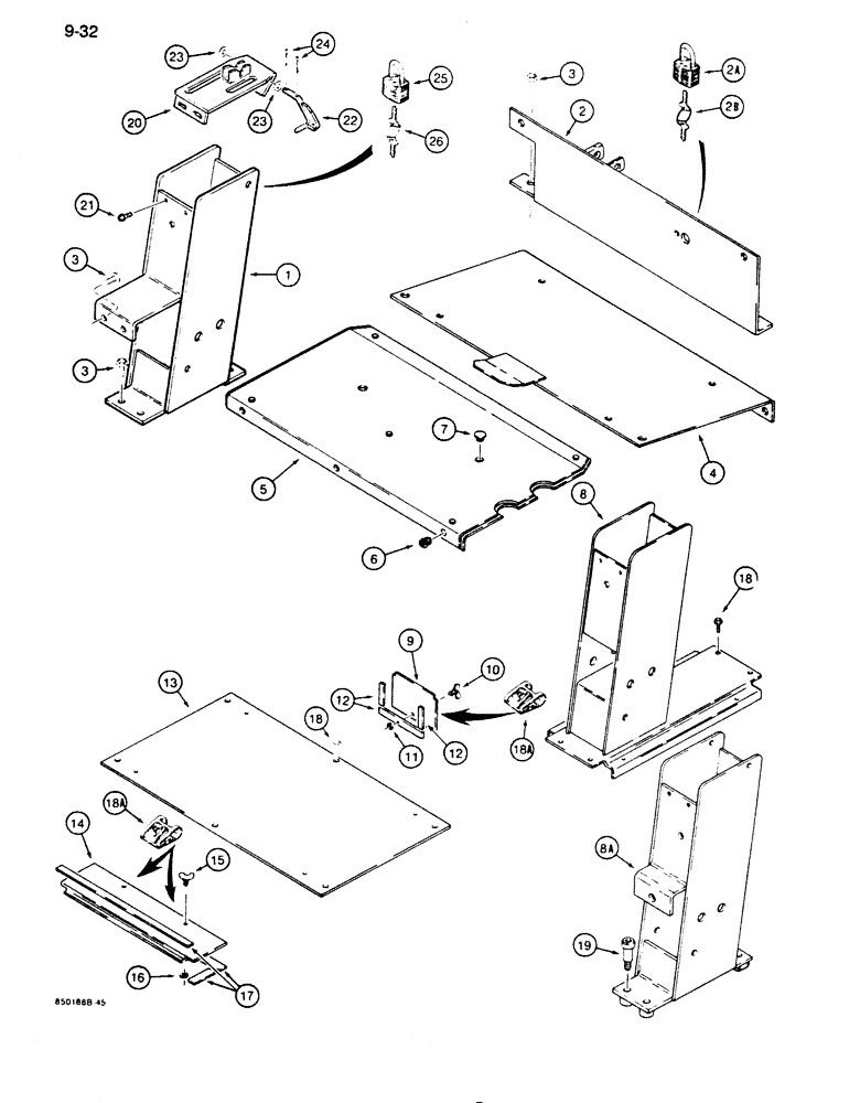 Схема запчастей Case 855D - (9-032) - OPERATORS COMPARTMENT FRAMES, CONTROL TOWER, HEEL PLATE, SEAT MOOUNTING PLATE & BATTERY COVER (09) - CHASSIS/ATTACHMENTS