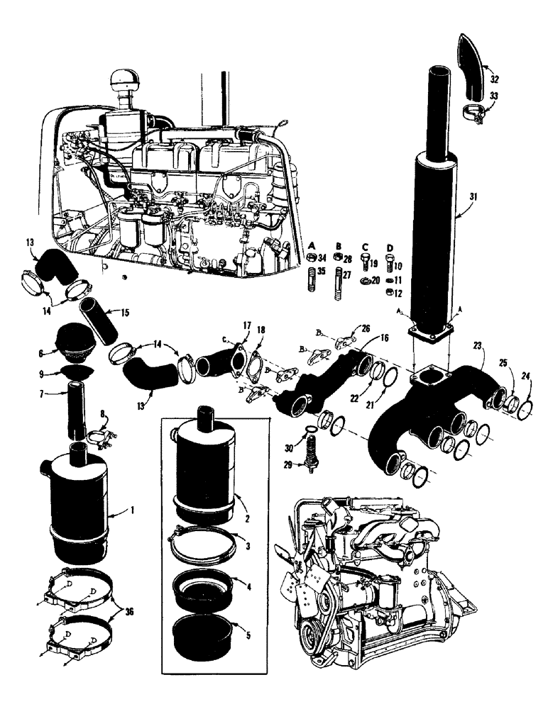 Схема запчастей Case 750 - (022) - MANIFOLD, MUFFLER, & AIR CLEANER (01) - ENGINE
