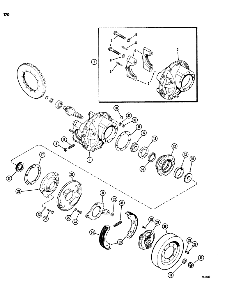 Схема запчастей Case W26B - (170) - L58460 AND L73825 FRONT AXLE DIFFERENTIAL, DRIVE SHAFT FLANGE, PARKING BRAKE, CASE AND CARRIER (06) - POWER TRAIN