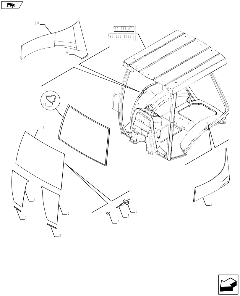 Схема запчастей Case 580SN - (90.156.11) - VAR - 747854 - CANOPY, ROPS - GLASS (90) - PLATFORM, CAB, BODYWORK AND DECALS