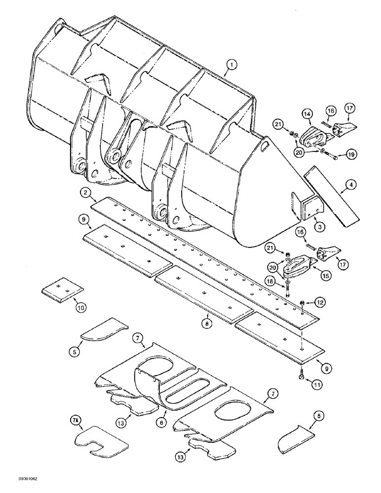 Схема запчастей Case 821B - (9-008) - LOADER BUCKET AND CUTTING EDGES, 3.5 CUBIC YARD (2.7 CUBIC METRE) BUCKET, BOLT ON CUTTING EDGE (09) - CHASSIS/ATTACHMENTS