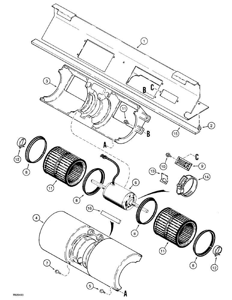Схема запчастей Case 590 - (9-128) - CAB BLOWER (09) - CHASSIS/ATTACHMENTS