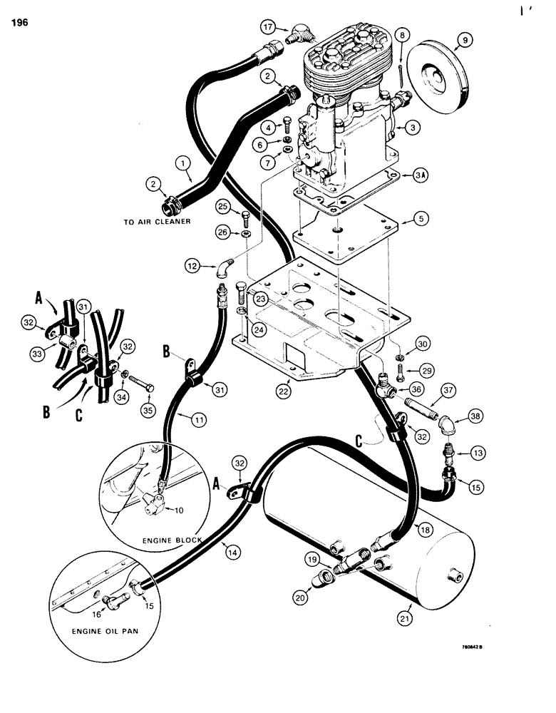 Схема запчастей Case 680G - (196) - BRAKE SYSTEM, AIR COMPRESSOR AND RESERVOIR (07) - BRAKES